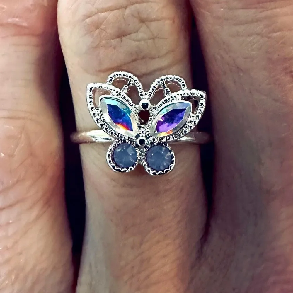 Claire’s Crystal Buttery Iridescent Jeweled Silver Ring